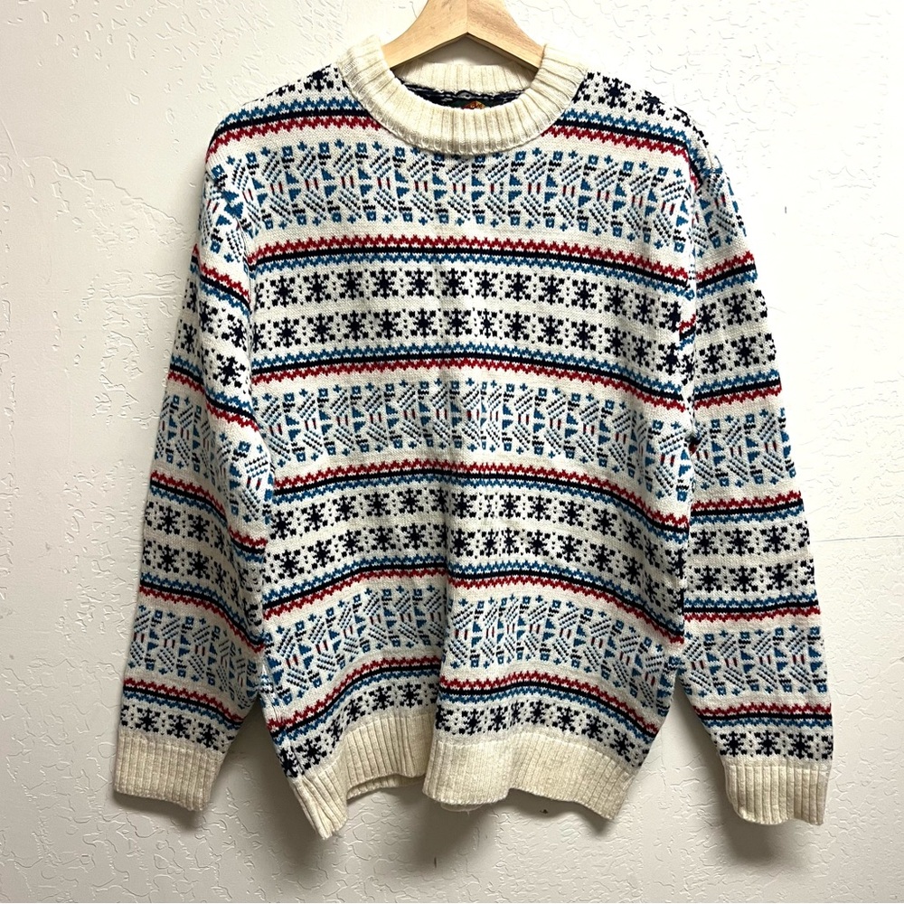 Alps Knitmeister Wool Fair Isle Icelandic Nordic Alpine Ski Crewneck Sweater L